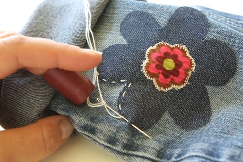 Patches for all those holey jeans Patching Jeans, Pants Patches, Repairing Clothes, Mending Jeans, How To Patch Jeans, Jean Patchwork, Diy Ripped Jeans, Jeans Tutorial, Making Fabric Flowers