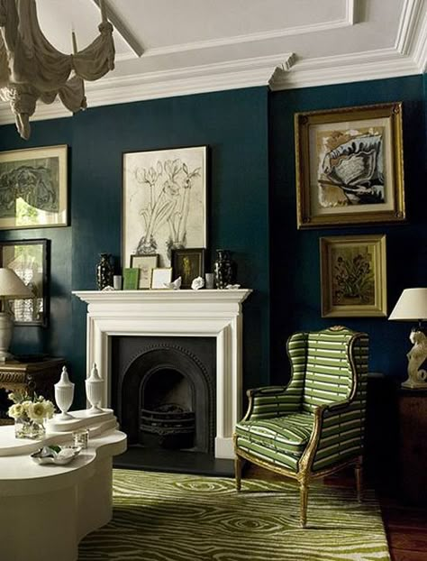 home dark blue living room...something romantic and manly about this room...I'm thinking office... Dark Blue Living Room, Painted Peacock, Teal Living Rooms, Dark Green Walls, Dark Blue Walls, Teal Walls, Dark Walls, Living Room Green, Blue Living Room