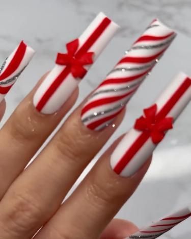 Candy Cane Christmas Nails Acrylic, Christmas Long Nail Designs, Fall Festive Nails, Acrylic Toes Christmas, Candy Cane Inspired Nails, All White Christmas Nails, Long Christmas Nails Acrylic, Halloween Nail Designs Red, Fall Coffin Nails 2024