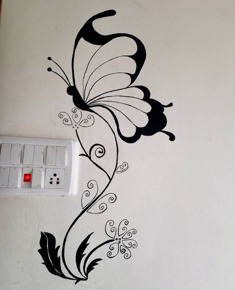 Draw In Wall Bedroom, Wall Painting Butterfly Design, Switch Board Painting Wall Art Butterfly, Butterfly Wall Painting Ideas, Butterfly Drawing On Wall, Wall Painting Ideas Butterfly, Wall Butterfly Painting, Butterfly Wall Paint, Butterfly On Wall Painting