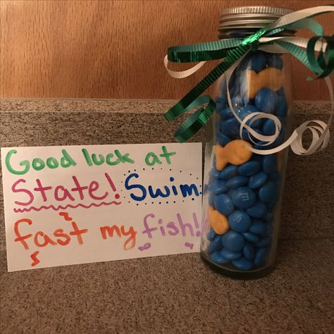 Good luck gift for state swimming. My boyfriend loved it! Good Luck At State Gifts, Swim Sister Gifts, Gifts For Swimmers Diy, Senior Night Gift Ideas Swimming, State Swim Meet Gifts, Swim Team Gift Ideas, Swim Senior Night Gifts, Swim Poster Ideas High Schools, Summer Swim Team