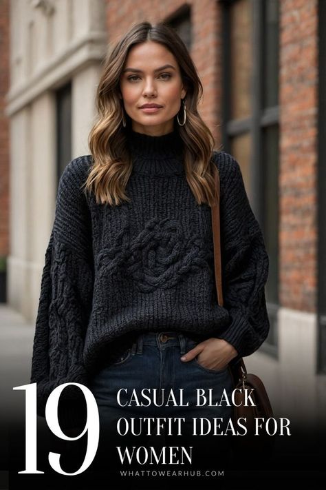 Winter Outfits Black Sweater, Black Shirt Outfit Winter, Black Sweater Black Jeans, How To Style A Black Sweater, Black Sweater Outfit Casual, Black Sweater Outfit Ideas, Black Jeans Outfits For Women, Black Sweater Outfits, Baddie Casual Outfits