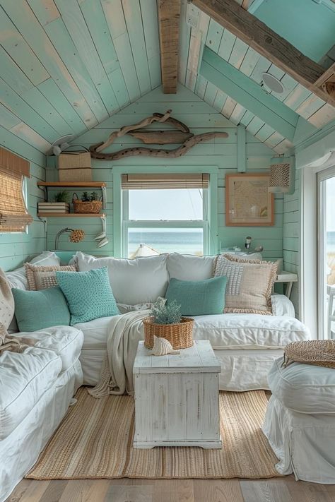 Beach House Apartment, Beach House Library, Seaside Room, Beachy Attic Bedroom, Beach Couch, Teal Beach House, Turquoise Beach House, Seaside Living Room, Beachy Trailer Decor