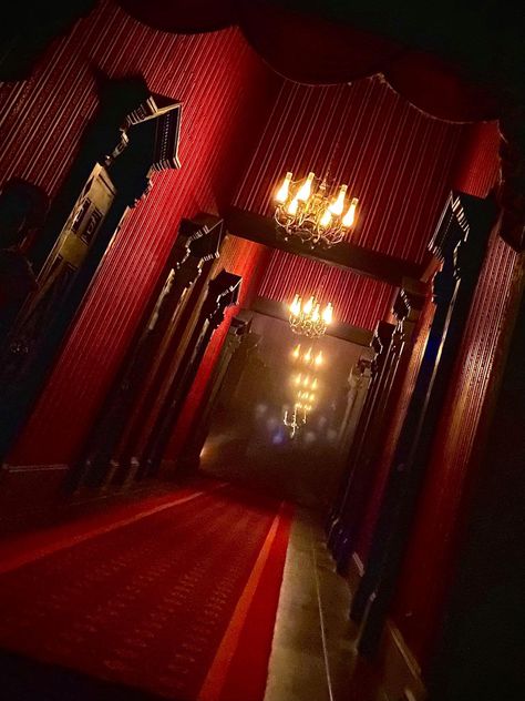 Mad House Aesthetic, Haunted Mansion Aesthetic Decor, Haunted Circus Aesthetic, Red Hotel Room, Haunted Hotel Aesthetic, Halloween Red Aesthetic, Haunted House Inside, Alastor Aesthetic, Hunted Mansion