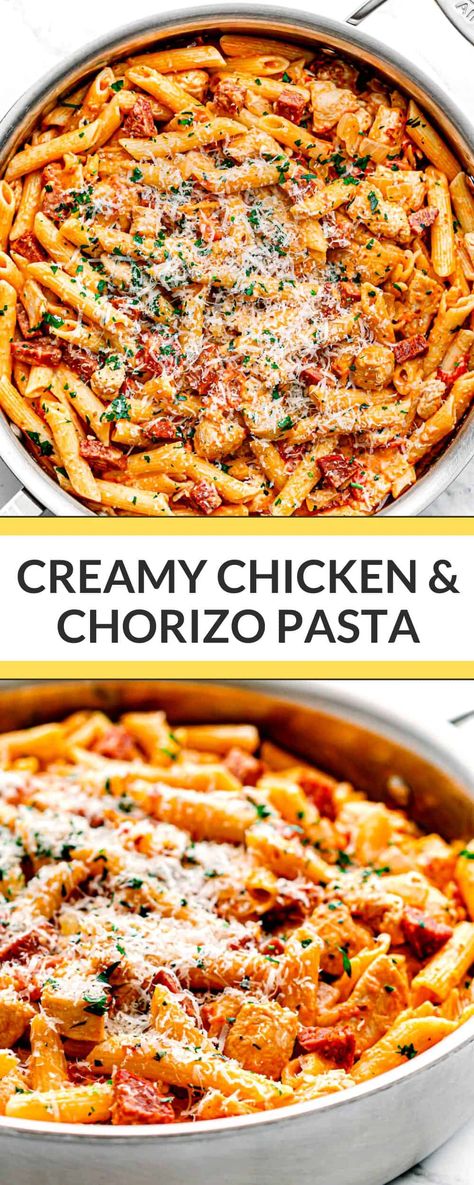 This chicken and chorizo pasta is bursting with umami flavors. It's so delicious, you will make this pasta over and over again. Best of all, this easy pasta recipe can be ready in about 30 minutes. Chicken Chorizo Recipe, Chorizo Recipes Dinner, Chorizo Pasta Recipes, Chicken And Chorizo Pasta, Chicken And Chorizo, Chorizo Pasta, Easy Pasta Recipe, Chicken Chorizo, Chorizo Recipes