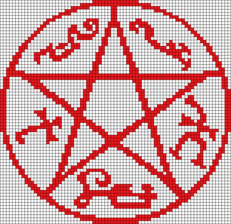 Supernatural Alpha Pattern, Pentagram Pixel Art, Supernatural Pixel Art, Diablo Huma, Devils Trap, Crochet Graphs, Minecraft Banner Designs, Graph Paper Drawings, Easy Pixel Art