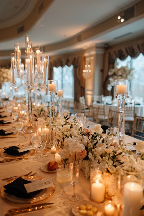 Wedding reception, white gold wedding decor, candles, candle Aubra, flowers decor, castle wedding, classic, bridgerton wedding White And Gold Wedding Decor, Oheka Castle Wedding, Decor With Flowers, Gold Wedding Decor, Reception Table Settings, Oheka Castle, White And Gold Wedding, Flowers And Candles, Gold Wedding Decorations