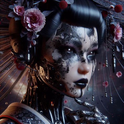 Cyborg geisha #cyberpunk #cyberpunkart #scifi #aiart #aiartcommunity #aiartwork #generativeart #digitalart #cool Robot Geisha, Cyberpunk Tattoo, Fantasy Photography, January 4, Generative Art, Full Sleeve, Cyberpunk, Sci Fi, Digital Art