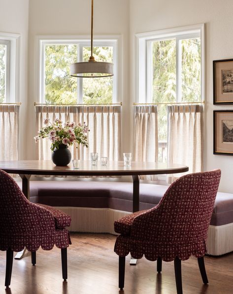 Breakfast Room Round Table, Heidi Caillier, Banquette Ideas, Banquette Cushions, Cafe Curtains Kitchen, Cafe Curtain Rods, Traditional Curtains, Transitional Farmhouse, Kitchen Banquette