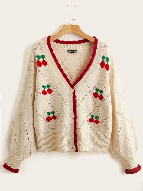 Cherry Pattern Contrast Trim Pointelle Knit Cardigan | SHEIN USA Plus Size Knitwear, Shoulder Cardigan, Cherry Pattern, Drop Shoulder Cardigan, Knitting Women Cardigan, Plus Size Cardigans, Pointelle Knit, Patterned Cardigans, Cute Sweaters