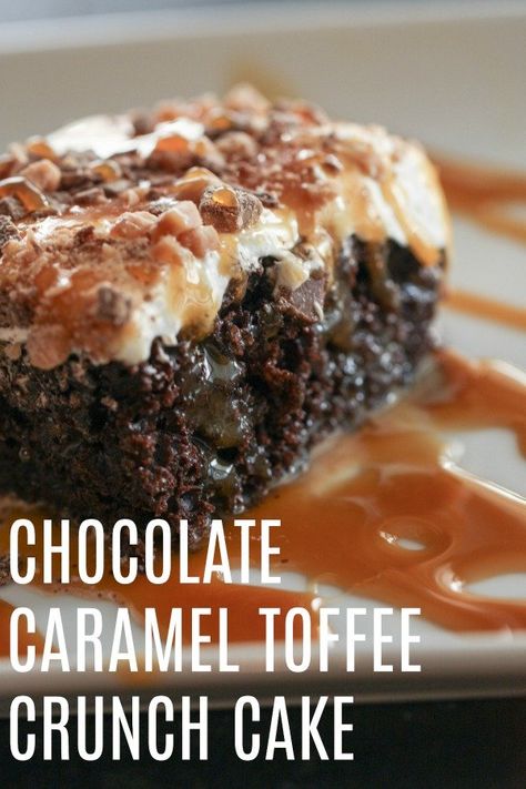 Chocolate Caramel Toffee Crunch Cake | Six Sisters' Stuff Chocolate Toffee Poke Cake, Chocolate Caramel Toffee Cake, Chocolate Caramel Coffee Cake, Chocolate Caramel Crunch Cake, Toffee Poke Cake Recipes, Toffee Chocolate Cake, Easy Desserts For Small Group, Chocolate Caramel Recipes, Chocolate Toffee Cake