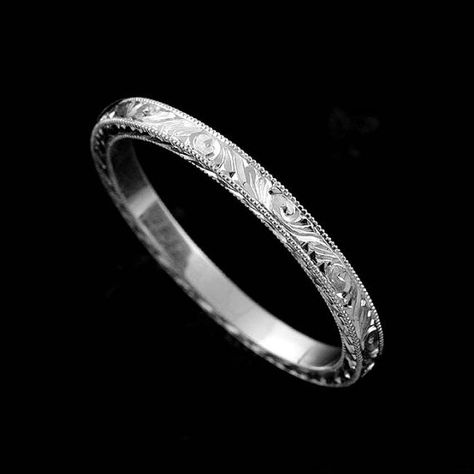 Eternity Platinum 950 Flat Hand Engraved Crafted And by OroSpot - $670 Cushion Cut Wedding Rings, Delicate Wedding Band, Milgrain Wedding Ring, Wedding Ring Cushion, Wedding Rings Art, Engraved Wedding Rings, Wedding Band Engraving, Stackable Wedding Bands, Platinum Wedding Band