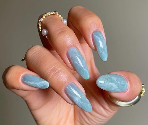 Natural Nail Shapes, Nail Shapes Squoval, Oval Shaped Nails, Blue Gel Nails, Squoval Nails, Duck Nails, Trendy Nail Art Designs, Gel Designs, Unique Nails