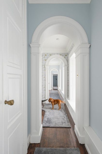 Wonderful casing around the archway...Farmhouse Hall by Gareth Byrne Photography Ireland Farmhouse, Villa Hallway, Kildare Ireland, Victorian Hall, Stud Farm, Victorian Hallway, Arch Doorway, Budget Remodel, Upstairs Hallway