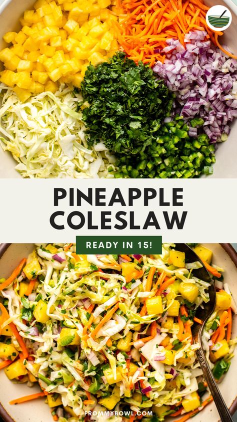 This refreshing Pineapple Coleslaw tosses fresh pineapple, shredded veggies, and spicy jalapeños in a tangy lime vinaigrette to give you a perfect topping for burgers, tacos, and more! Vegan and Gluten-Free. Pineapple Coleslaw Recipe, Slaw For Tacos, Pineapple Slaw, Slaw For Fish Tacos, Pineapple Coleslaw, Spicy Coleslaw, Cilantro Lime Slaw, Pineapple Salad, Vegan Salads