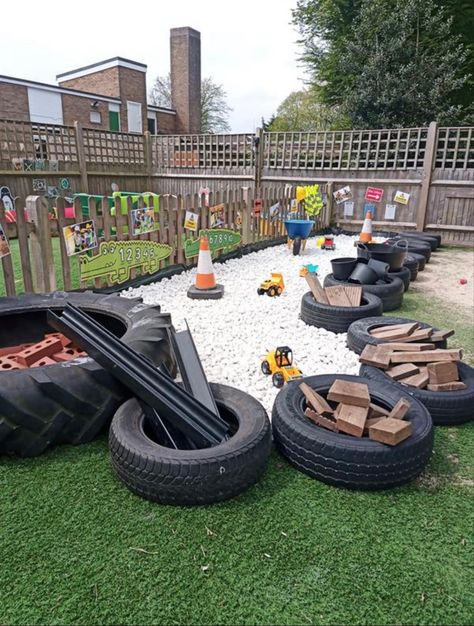 Tyres Playground Outdoor Play, Tyres Outdoors Eyfs, Construction Outdoor Play Area, Outdoor Garden Nursery Ideas, Outdoor Ideas Preschool, Curiosity Garden Ideas, Garden Construction Area, Outside Construction Area Eyfs, Outdoor Play Early Years