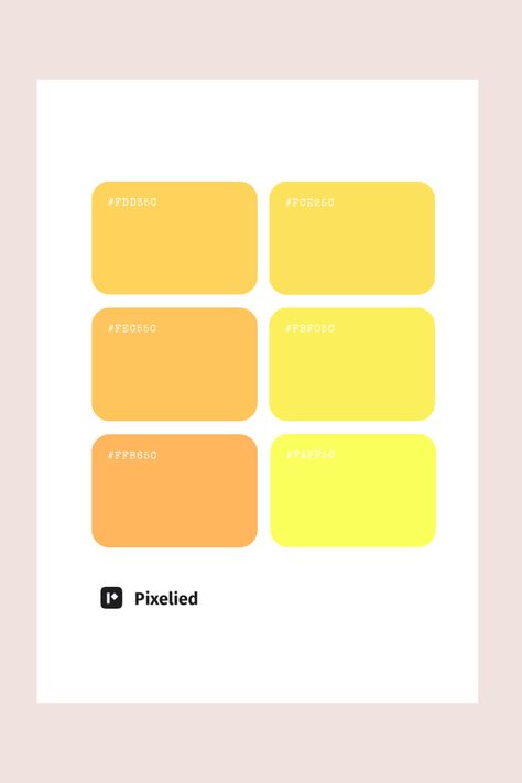 This yellow pastel color palette is perfect for creating a warm and inviting look in mobile and web UI, branding, typography, and illustrations. The gradient transitions from a soft orange-yellow to a bright lemon-yellow, providing a cheerful and energetic vibe. These hues are ideal for projects that aim to evoke feelings of happiness and positivity. Yellow Pastel Color Palette, Yellow Pastel Color, Color Scheme Generator, Colour Pallets, Pastel Color Palette, Branding Typography, Yellow Pastel, Pastel Color Schemes, Soft Orange