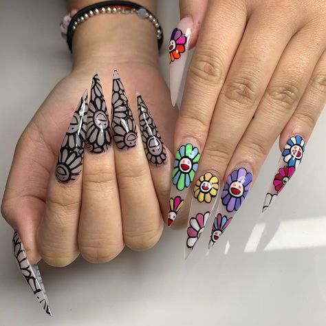 Image may contain: one or more people and closeup Takashi Murakami Nails, Murakami Nails, New Nail Trends, Long Nail Art, Stiletto Nails Designs, Latest Nail Art, Takashi Murakami, Neon Nails, Acrylic Designs