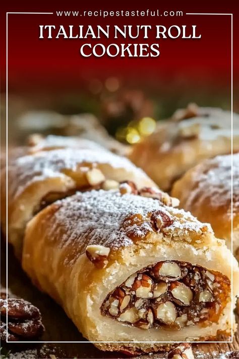 These traditional Italian Nut Roll Cookies feature a tender, buttery dough enveloping a sweet, spiced walnut filling. Perfect for festive occasions or as a delightful treat with your afternoon coffee. Nut Roll Cookies, Nut Roll Recipe, Spiced Walnuts, Nut Roll, Italian Memes, Nut Rolls, Cinnamon Nuts, Cookie Decorations, Walnut Cookies