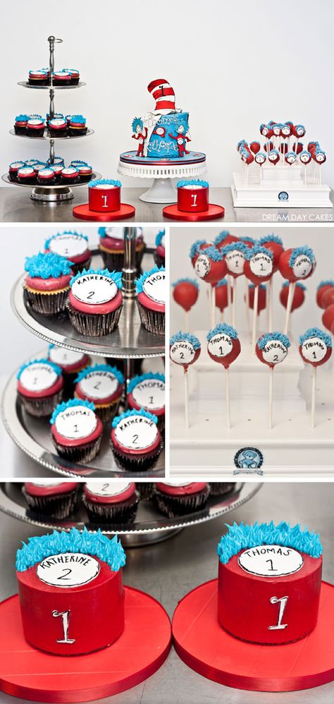 Thing 1 Thing 2 Cake Ideas, Twins 1st Birthday Ideas, Thing One And Thing Two, Dr Suess Birthday, Dr Seuss Party Ideas, Thing One Thing Two, 2 Birthday Party, Twins First Birthday, Thing 1 And Thing 2