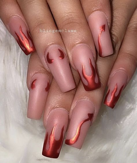 Nail Designs On Red Nails, Fallen Angel Nail Designs, Nj Devils Nails, Devils Night Nails, Devil Nails Halloween, Acdc Nails, Demonic Nails, Devil Nail Art, Megan Fox Nails