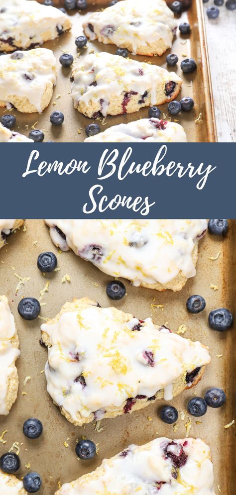 Lemon blueberry scones on an aluminum baking sheet. Glazed Lemon Blueberry Scones, Buttery Blueberry Scones With Lemon Glaze, Lemon Blueberry Drop Scones, Lemon Berry Scones, Lemons And Blueberries, Lemon And Blueberry Recipes, Blueberries Scones Recipe, Things To Bake With Blueberries, Lemon Blueberry Scones Recipe Easy