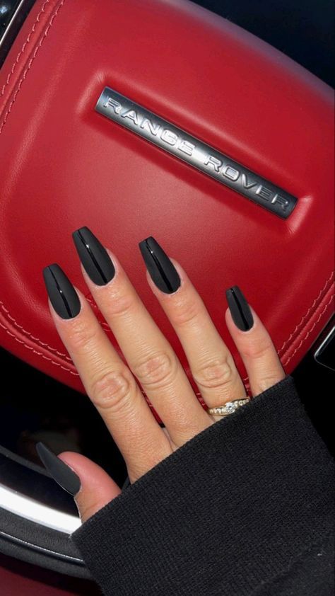 Matte Black Acrylic Nails, Mat Black Nails, Black Sparkle Nails, Red Range Rover, Long Black Nails, Matted Nails, Matte Acrylic Nails, Black Gel Nails, Black Coffin Nails