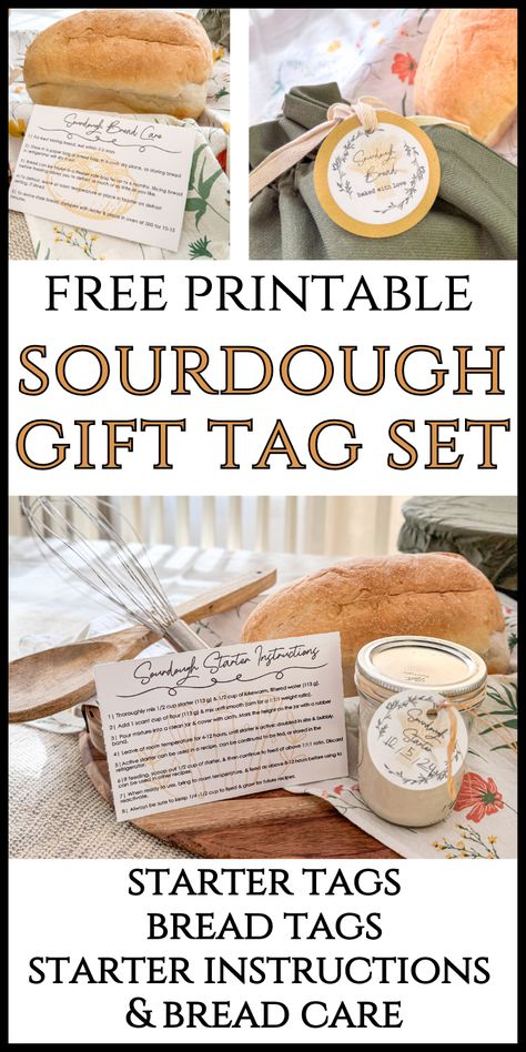 If you're gifting sourdough starter or sourdough bread & need some pretty tags, check it out! Here are sourdough starter gift tags, sourdough starter instructions card, sourdough bread gift tags, and a bread care card! All you need for a thoughtful neighbor gift, teacher gift, favorite things gift, or a just because gift! This is a free printable sourdough gift tag set to add a little fancy to your gift! 9 page free PDF instant download - with square tags, circle tags, and Avery label templates! Bread Gift Tags, Sourdough Bread Gift, Sourdough Starter Gift, Sourdough Gift, Bread Gift, Avery Label Templates, Bread Gifts, Labels Printables Free Templates, Bread Tags