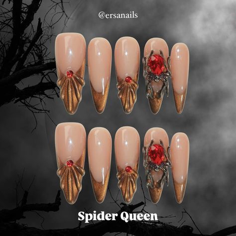 ‧₊˚🕷‧₊˚SPIDER QUEEN‧₊˚🕷‧₊˚ This stunning set features a deep brown cat-eye French design that exudes sophistication and mystery.🖤 Adorned with a captivating spider embellishment on the ring finger and accented with striking red rhinestones, these nails are perfect for those looking to make a bold statement this Halloween.🎃 Shop now on ersanails.com 🕷️ #pressons #spidernails #halloweennails Witches Party, Elite Nails, Spider Queen, Nails Luxury, Witch Party, Gothic Elegance, Dark Magic, Hello Kitty Nails, Witching Hour