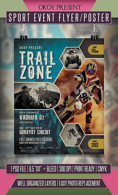 Sport Event Flyer / Poster Sports Festival Poster, Sport Event Poster, Typography Flyer, Red Skateboard, Green Grunge, Poster Template Design, Music Club, Moto Cross, Brochure Layout