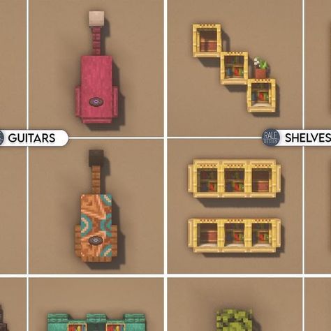 Minecraft Guitar Build, Minecraft Drum Set, Minecraft Instruments, Minecraft Guitar, Minecraft Shelf, Minecraft Piano, Mushroom Island, Hanging Guitars, Guitar Shelf