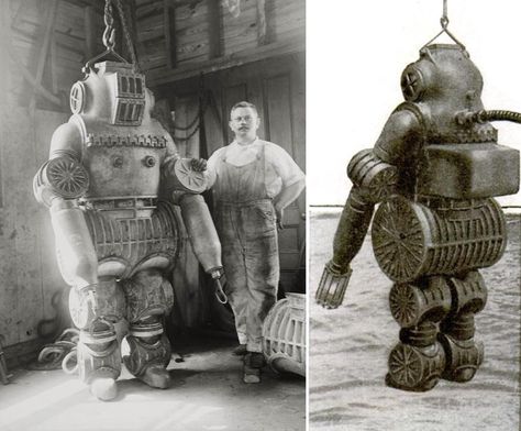 1910 - Submarine Armor - Chester E. Macduffee (American) - cyberneticzoo.com Atmospheric Diving Suit, Deep Sea Diving Suit, Diver Art, Deep Sea Diving, Diving Suit, Man Of The House, Historical Pictures, Pics Art, Deep Sea