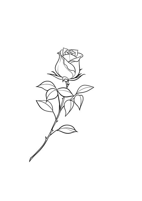 Rose Bud Drawing Tattoo, Rose Head Tattoo Design, Black And White Rose Tattoo Design, Rose And Stem Drawing, Rose With Stem Outline, Rose With Stem Tattoo Stencil, Rose Stem Tattoo Design, 213 Tattoo, Rose Outline Tattoo Design