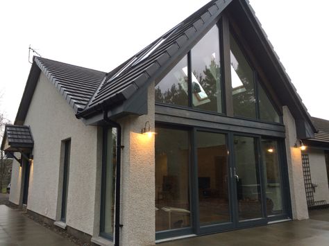 Glazed gable extension in Cairngorm National Park Gable End Kitchen Extension, Gable End Extension Balcony, Glass Gable End, Bungalow Gable End Extension, Glazed Gable End Extension, Glazed Corner Extension, Black Double Glazed Windows, Barn Conversion Exterior, Porch Extension