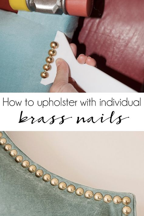 How to upholster a piece of furniture with individual brass nail trim | DIY headboard tutorial | how to make a bed out of Ikea curtains | DIY velvet upholstered headboard | upholstering a bed | perfect upholstery edges  via @jakonya Diy Fabric Headboard, How To Upholster, Diy Furniture Upholstery, Headboard Tutorial, Diy Headboard Upholstered, Upholstery Nails, Ikea Curtains, Upholstery Tacks, Reupholster Furniture