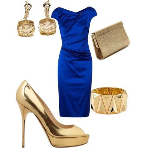 royal blue dress and gold earrings/ shoes/ braclet/ clutch by jacqueline-v-twillie on Polyvore Sigma Gamma Rho | Big Fashion Show royal blue dresses Royal Blue Dress Accessories, Royal Blue Dress Outfit, Blue Dress Accessories, Royal Blue Formal Dress, Blue And Gold Dress, Blue Dress Outfits, Royal Blue Gown, Rose Gold Accessories, Sparkly Prom Dress