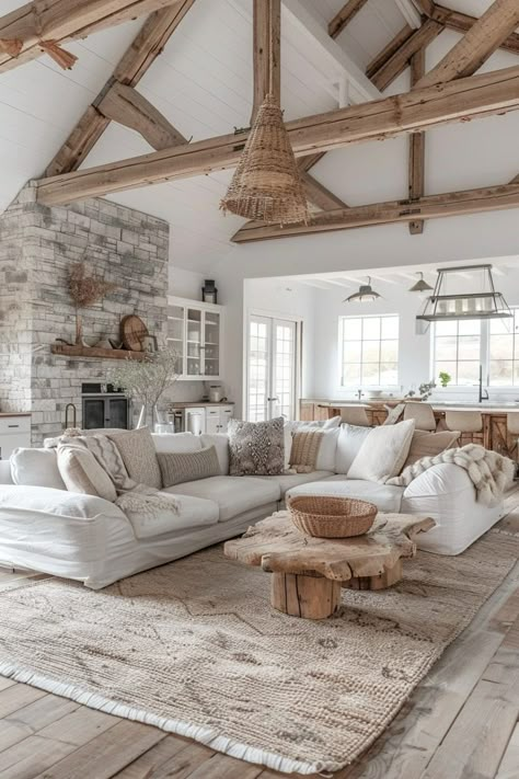 29 Barndominium Interior Ideas You Will Love - My Elegant Home Homey Bedroom, Modern Coastal Living Room, Barndominium Interior, Rustic Loft, Coastal Farmhouse Decor, Barn Living, Modern Farmhouse Living, Dream Life House, Coastal Living Rooms