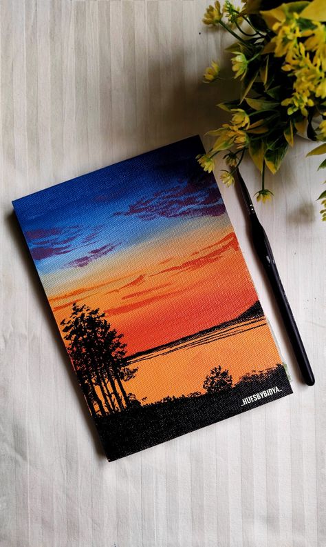 Sunset, acrylic, painting, canvas work Sunrise Sunset Painting, Canvas Pad Painting, Black Canvas Art Acrylics, Easy To Paint Canvas Ideas, Acrylic Sunset Painting, Sunset Painting On Canvas, Sunset Painting Easy, Acrylic Sunset, Sunset Acrylic Painting