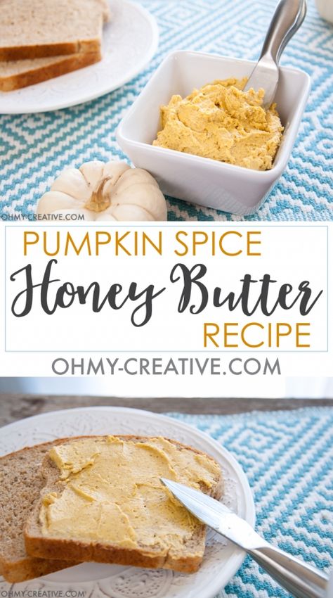 If you can't get enough pumpkin spice this fall, you are going to love this easy pumpkin spice honey butter recipe. Turn your favorite breads and rolls into a special autumn treat. OHMY-CREATIVE.COM Butter For Bread, Whipped Pumpkin Pie, Whipped Pumpkin, Honey Butter Recipe, Spiced Butter, Flavored Butter, Compound Butter, Pumpkin Butter, Butter Spread