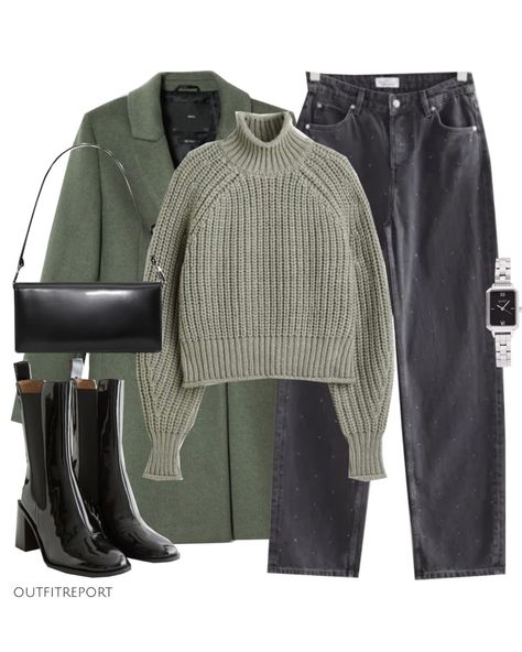 Green Knitwear Outfit, Grey And Khaki Outfit, Grey Jeans Outfit Winter, Coats Outfits, Green Jacket Outfit, Grey Jeans Outfit, Khakis Outfit, Outfit Grey, Green Ankle Boots