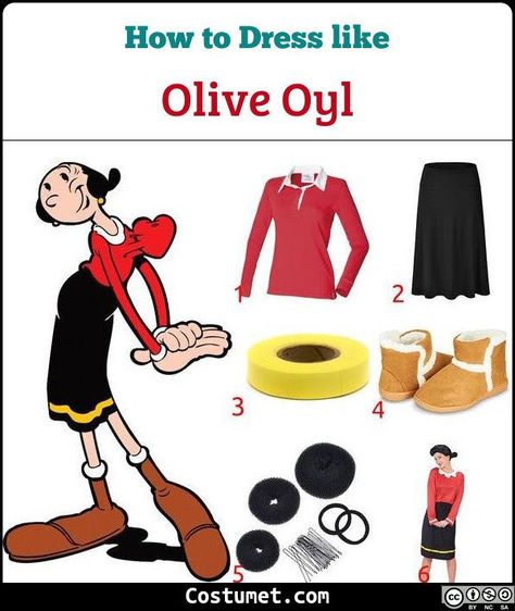 Olive Oyl costume is a red sweater with white collar, black skirt, and brown ankle boots. She ties her hair in a bun. Popeye costume is a black sailor's shirt, blue pants with yellow belt, a sailor's hat, and his signature tobacco pipe. He also has an anchor tattoo on his arm.            #Male #Female #male #cartoon #female #couple #duo #Popeye #sailor #muscular Olive Oyl Costume Diy, Popeye Olive Costume, Olive Oil Costume Diy, Popeye Family Costume, Popeye And Olive Oil Costume Couple, Popeye And Olive Oil Costume, Couple Customes, Popeye Halloween Costume, Olive Oyl Costume