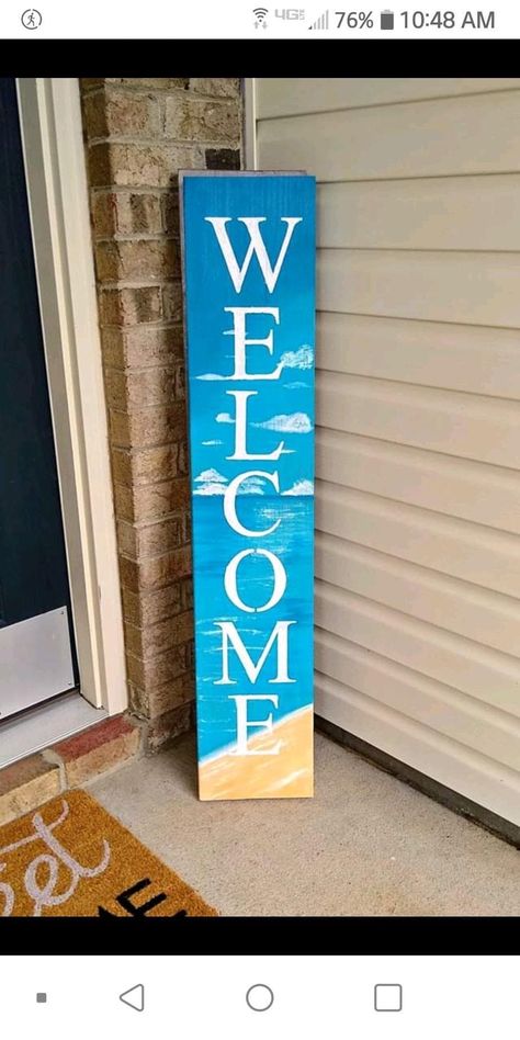 Beach Theme Porch Ideas, Welcome Plank Ideas, Beach Porch Signs, Beach Welcome Sign, Diy Painted Signs, Porch Boards, Summer Porch Signs, Beach Porch, Porch Art