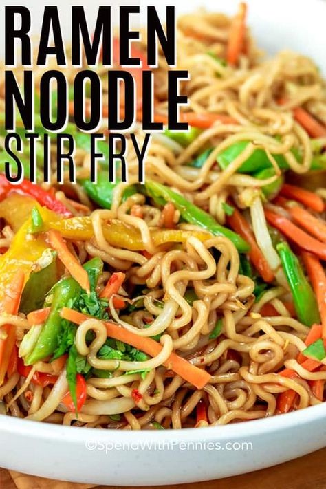 A ramen noodle stir fry is a great weeknight meal. Ready in 20 mins, this easy recipe is made with cabbage, broccoli, and ramen noodles. Add in beef or chicken for a filling meal and control the spicy-ness with a homemade sauce! #spendwithpennies #ramenstirfry #stirfryrecipe #ramennoodlerecipe #maindish #Asian #20minmeal Ramen Noodle Stir Fry, 20 Min Meal, Ramen Noodle Recipes Easy, Cabbage Broccoli, Ramen Recipes Easy, Easy Ramen, Ramen Stir Fry, Noodle Stir Fry, Noodle Recipes Easy