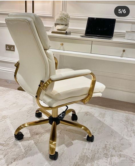 Luxe Desk Chair, Aeshetic Desk Chair, Home Office Chairs For Women Gold, White Office Chair Chic, Cream Office Chair, Cream Office, Pvd Partition, Cream And Gold Desk Chair, Gold Office Chair