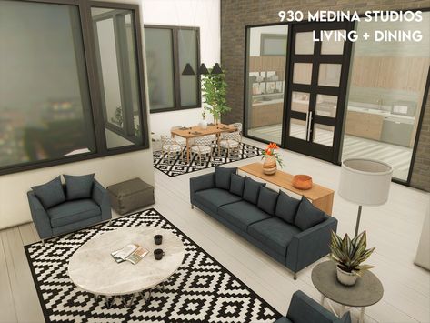 930 Medina Studios Sims 4 Layout, 930 Medina Studios Sims 4, Medina City, Sims 4 Apartment, Sims4 Build, Living Room Sims 4, The Sims 4 Lots, Alpha Cc, Sims 4 Kitchen