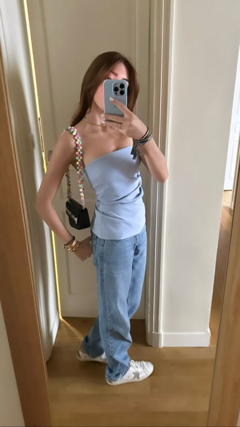 summer outfit | blue outfit | tube top | golden goose | outfit inspo Blue Tube Top Outfit Aesthetic, Outfits With Golden Goose Shoes, Golden Outfits Aesthetic, Golden Goose Aesthetic Outfit, Golden Goose Fits, Golden Goose Outfit Ideas, Golden Goose Outfit Summer, Golden Goose Shoes Outfit, Tube Top Summer Outfits