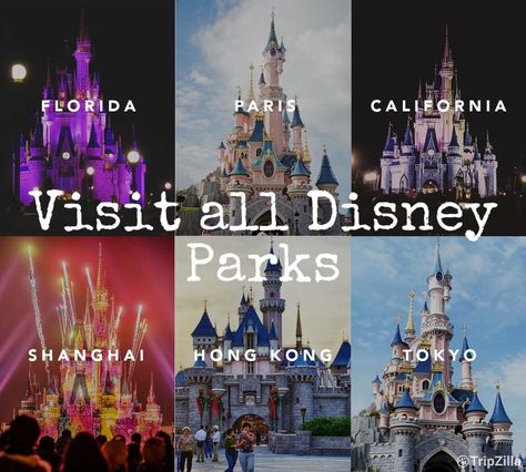 #bucketlist #wishlist #travel #places #disney #disneyparks #ktherineluz All Disney Parks Around The World, Disneyland Around The World, Disney Parks Wallpaper, Disney Parks Aesthetic, Disney Bucket List, Disneyland Castle, Travel Collage, Travel Infographic, Travel Picture Ideas