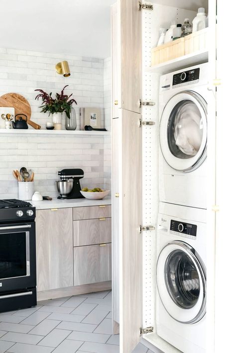 Dated Kitchen, Tall Kitchen Cabinets, Sage Kitchen, Laundry Room Storage Shelves, Vintage Laundry Room, Small Laundry Room Organization, Stackable Washer And Dryer, Laundry Mudroom, Laundry Closet