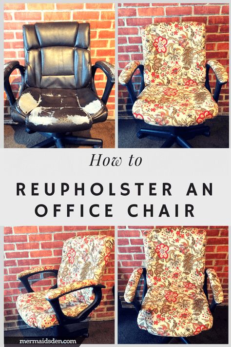 In this post, I'll show you how to reupholster an office chair with tufted cushions, so that it looks ... #OfficeChair Office Chair Makeover, Office Chair Diy, Office Chair Cover, Reupholster Furniture, Upholstery Diy, Chair Makeover, Diy Chair, Furniture Upholstery, Redo Furniture