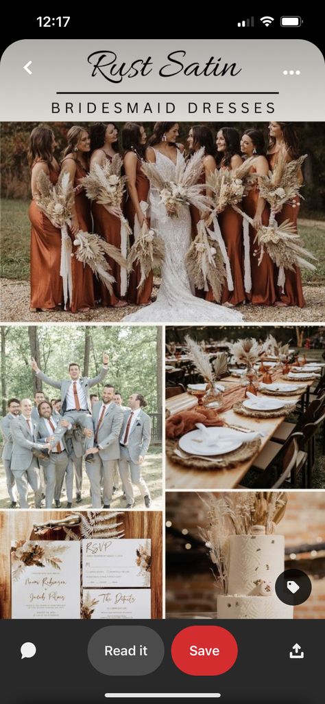 Rust Coloured Wedding, Grey Suit Rust Tie, Rusty Bridesmaid Dress, Rusty Red Bridesmaid Dresses, Grey And Rust Wedding, Cooper Wedding Theme, Grey And Terracotta Wedding, Satin Rust Bridesmaid Dresses, Rust And Grey Wedding